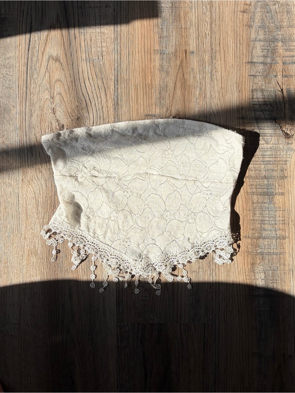 Elegant Cream Lace Scarf with Decorative Fringe